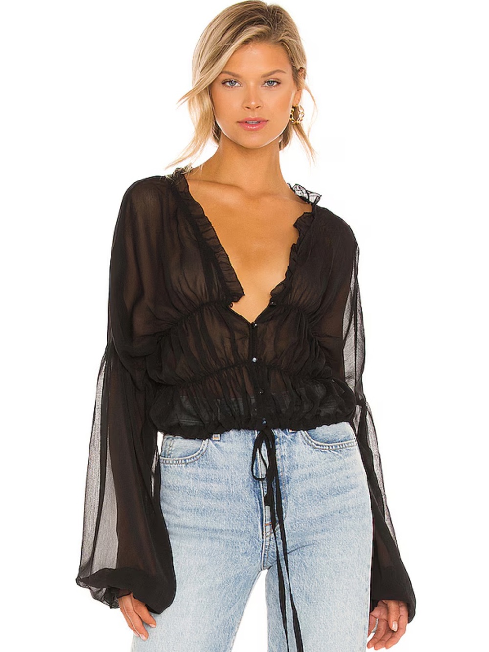 SNDYS Revolve Bali Sheer Black Ruffled Drawstring Blouse - Women